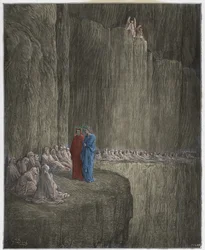 Purgatorio, Canto 13: Sapia purifica sua vida culpada, ilustração da Divina Comédia de Dante Alighieri, 1885 (gravura digital colorida)
